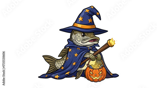 Wizarding Fish: An illustrated depiction of a whimsical fish dressed as a wizard, holding a wand and pumpkin. The artwork embodies fantasy and Halloween spirit.
