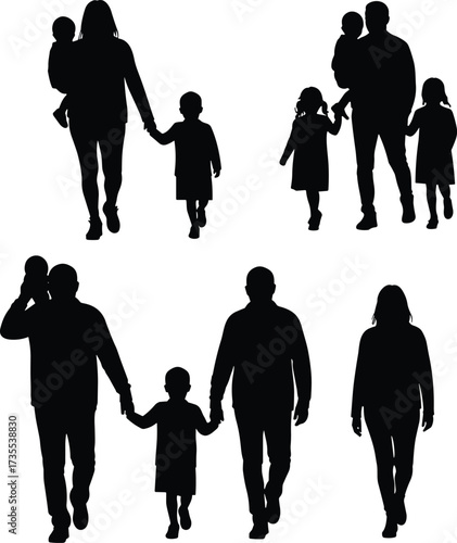 Collection of Walking Family Silhouettes, Full-Length Vector Illustration, Parents and Multiple Children, Diverse Family Groups, People Holding Hands, Graphic Element Set.
