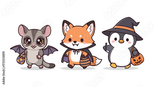 Halloween Costume Creatures: three adorable animals ready for a fun night of trick-or-treating. Each animal is dressed in a unique Halloween costume.