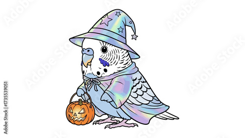 A Halloween Budgerigar's Costume: A charming budgerigar is ready for halloween, wearing a wizard costume and a pumpkin-shaped bucket, ready to go door to door.
