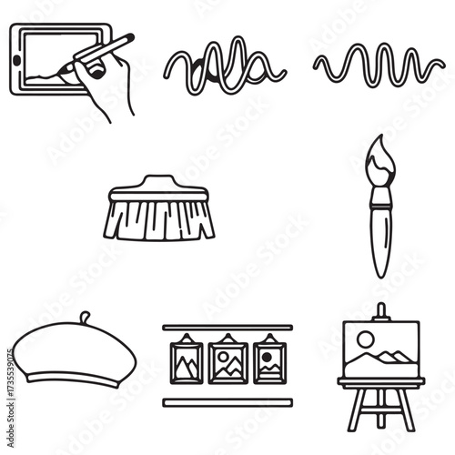 Line Art Icons Representing Art, Painting, and Digital Creativity