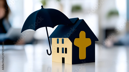 A small house with an umbrella roof in the rain, surrounded by water. Concept of home insurance and property protection. Generative AI