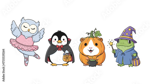 Halloween Costume animals: A whimsical collection of charming animals, each adorably dressed in festive Halloween costumes, evokes delight and playful energy.