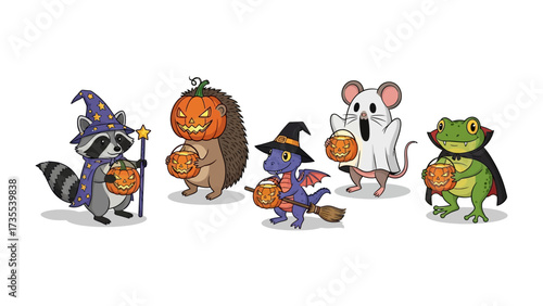 Spooky Halloween Creatures: A charming cartoon depiction of various adorable animals dressed up for Halloween, holding pumpkin lanterns, and embodying the playful spirit of the holiday.