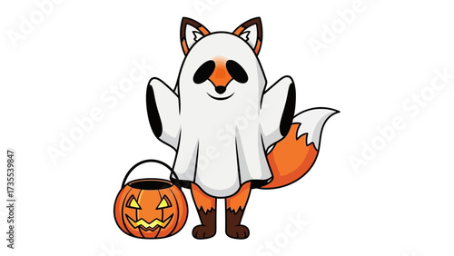 Fox in Halloween Costume: A whimsical illustration of a friendly fox in a ghost costume, eagerly awaiting the trick-or-treating night, with a carved pumpkin.