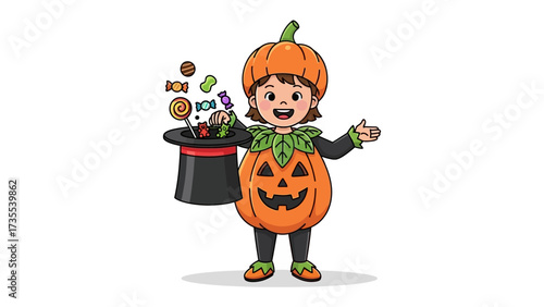 Magical Halloween: a little kid in costume with pumpkin and a black hat with candies, embodying the spirit of Halloween.