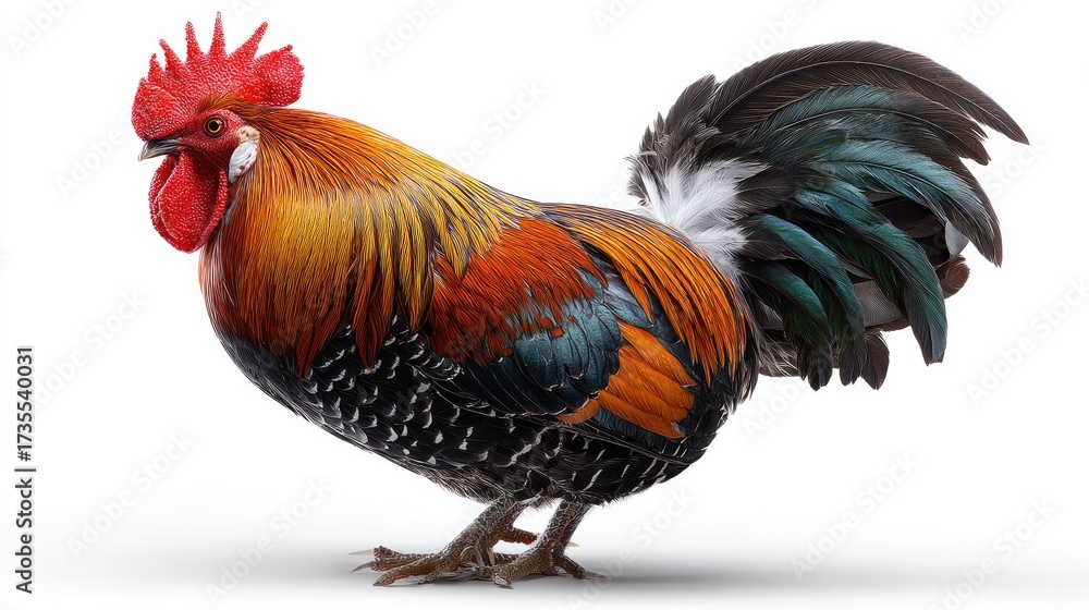 Fototapeta premium Vibrant Rooster: A majestic rooster displays its vibrant plumage with its characteristic red comb standing proud in a close-up, capturing the vivid colors and intricate details.