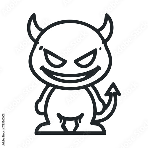 Playful cartoon devil character with mischievous expression. Vector line illustration