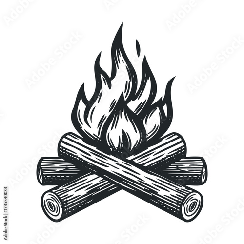 Campfire scene with logs and flames for outdoor gatherings. Vector hand drawn illustration