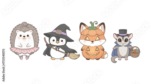 Halloween's Cuteness: Adorable cartoon animals, from a hedgehog to a sugar glider, dressed up in charming Halloween costumes, inviting joy and fun.