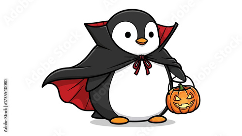 Halloween Penguin: A cartoon penguin dressed in a vampire cloak, holding a carved pumpkin, set against an isolated backdrop perfect for Halloween. 