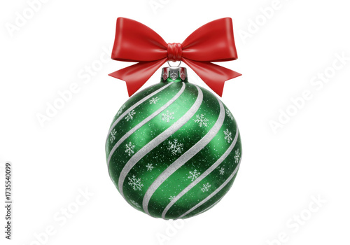 Isolated green Christmas ornament with sparkling silver glitter stripes and delicate snowflakes adorned with a vibrant red bow festive holiday decoration
