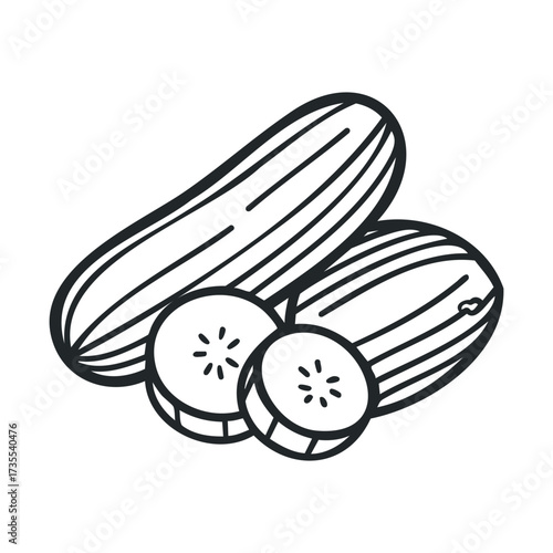 Fresh cucumbers for healthy eating and cooking inspiration. Vector line illustration
