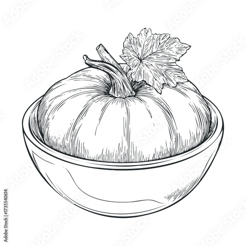 Hand drawn pumpkin in a bowl for autumn decoration or cooking use. Vector hand drawn illustration