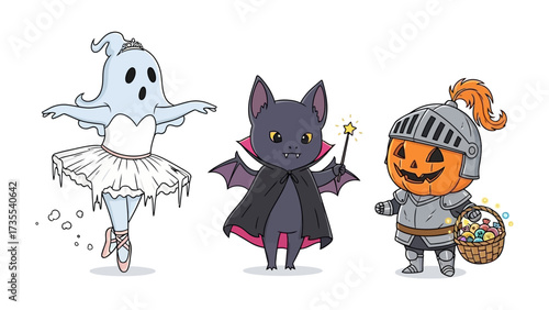Whimsical Halloween Trio: A charming illustration presents a delightful trio of Halloween characters, each with a unique personality and costume, perfectly embodying the playful spirit of the holiday.