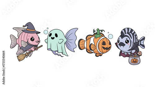 Festive Aquatic Crew: Four enchanting, stylized fish in charming Halloween costumes swim gracefully. A unique illustration full of delight and whimsy. 