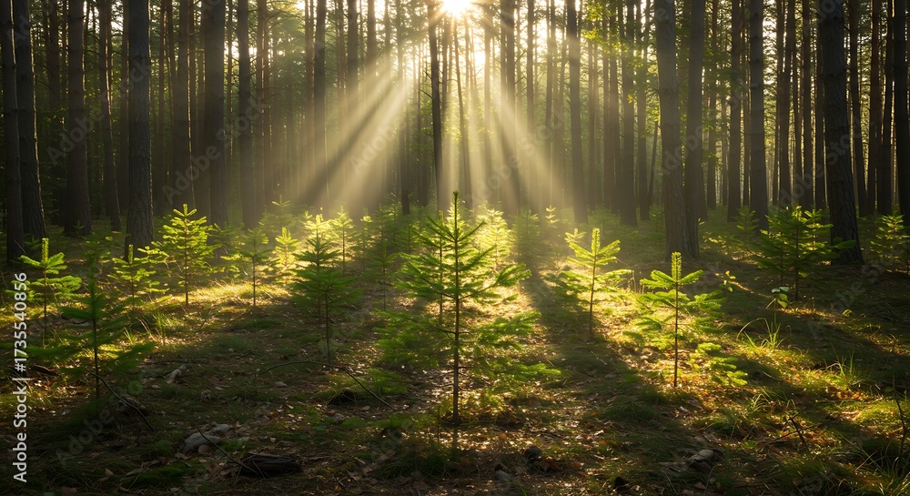 Obraz premium Sunlight streams through forest trees creating a natural and inspiring scene