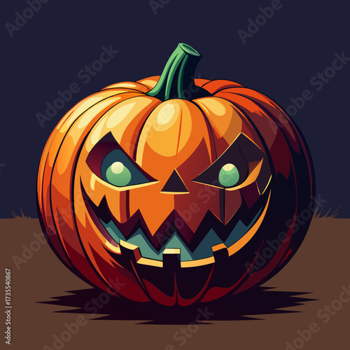 Flat vector illustration of a carved jack-o’-lantern pumpkin with a spooky face