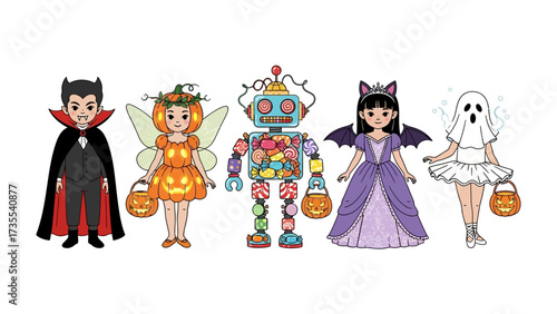 Halloween Fantasy: Five children, each adorned in unique Halloween costumes, stand poised in a vibrant display of seasonal fun, embodying the spirit of trick-or-treating and childhood imagination. 
