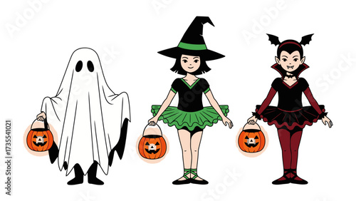 Halloween Trio of Costumes: A cheerful cartoon image of three uniquely dressed individuals ready for Halloween trick-or-treating, dressed as a ghost, witch, and vampire.
