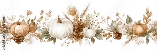Wallpaper Mural Horizontal autumn garland decorated with pumpkins, bows, pine cones, maple leaves, wheat stalks and cozy rustic details. Torontodigital.ca