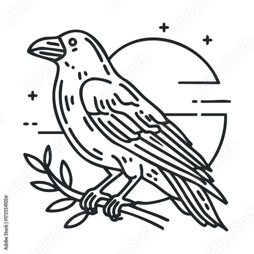 Raven perched on branch with moon and stars in the desert. Vector line illustration