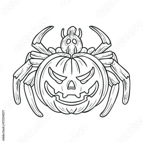 Spider on Halloween pumpkin for spooky decoration ideas. Vector hand drawn illustration