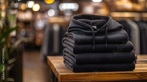Pile of folded dark gray hoodies stacked neatly on wooden surface in clothing store, elegant apparel merchandising concept representing cozy seasonal fashion for autumn winter comfort and warmth
