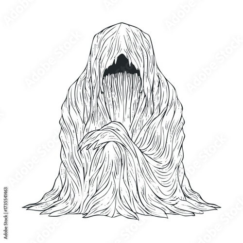 Mysterious figure cloaked in flowing fabric and shadows. Vector hand drawn illustration