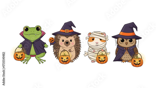 Halloween Animal Parade: An adorable lineup of Halloween characters, including a frog, hedgehog, guinea pig, and owl, are set against a pristine backdrop and ready for trick-or-treating. 