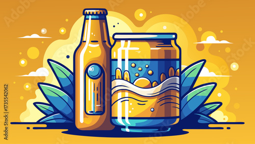 Very beautiful refreshing beer bottle and can beverage, drink alcohol refreshment, beverage vector with minimal design, clean lines, golden liquid, frothy detail, modern style, perfect for poster, 