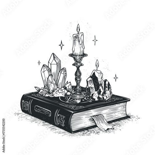 Mystical book with crystals and candle for spiritual decor. Vector hand drawn illustration