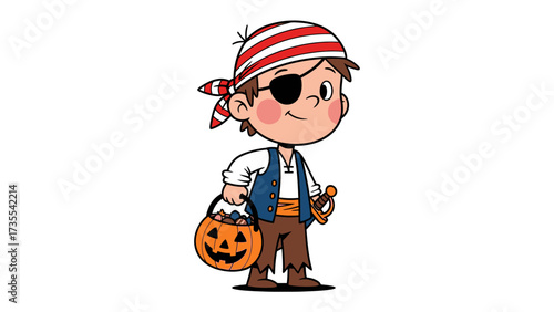 Child's Halloween Adventure: A jovial young lad embodies the spirit of Halloween, playfully donning a pirate costume while clutching a glowing jack-o'-lantern.