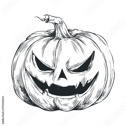 Detailed Halloween pumpkin carving design for festive decorations. Vector hand drawn illustration
