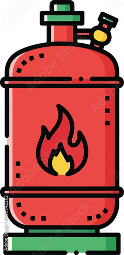 Red gas cylinder with flame icon symbolizing energy fuel and portable power for cooking and heating needs vector