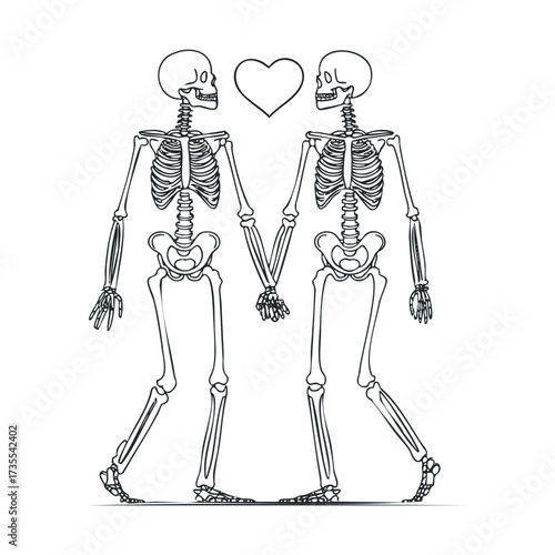 Skeleton couple in love holding hands with heart symbol. Vector hand drawn illustration