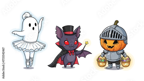Enchanting Halloween Trio: A charming collection of Halloween characters, including a ghostly ballerina, a vampire, and a knight-like pumpkin, come to life in this captivating illustration.