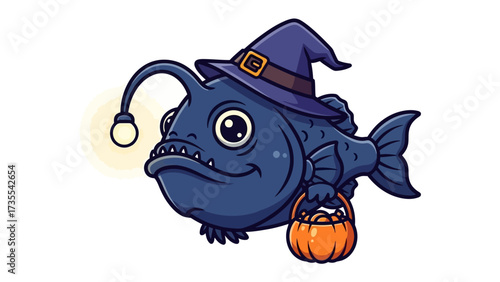 Halloween Anglerfish: A charming illustration of a Halloween-themed anglerfish, playfully adorned with a witch's hat and carrying a pumpkin-shaped candy basket.