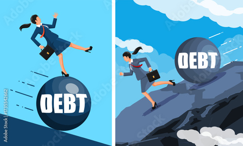 Woman on a rolling debt ball and woman running from a giant debt ball. Business finance pressure and financial problem concept.