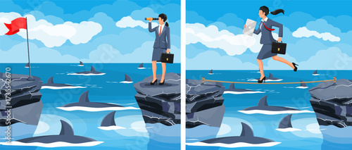 Woman looking for opportunity and woman over shark infested waters walking on rope. Business challenge and risk concept.