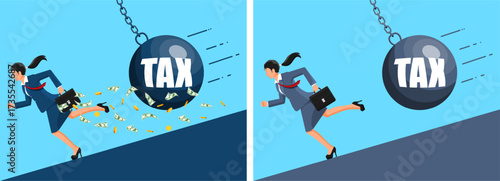 Woman businessman running away from a huge tax wrecking ball, losing money and trying to avoid high tax burden. Flat vector illustration for financial concept.