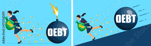 Woman running away from a debt bomb and a rolling debt boulder in a flat style illustration depicting financial danger and credit risk.