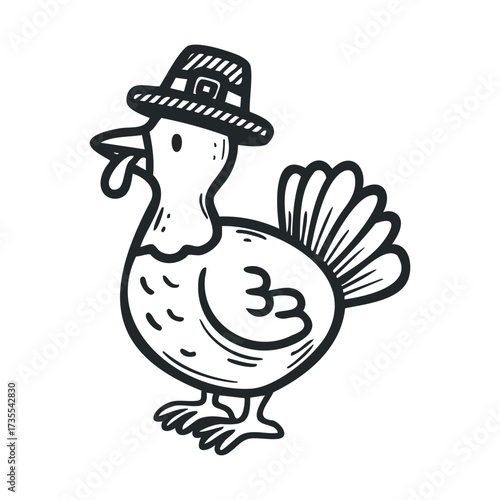 Cute turkey wearing a pilgrim hat for Thanksgiving celebration. Vector line illustration