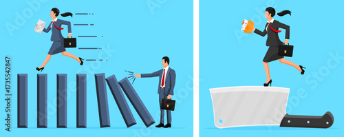 Woman on dominoes with man stopping falling blocks and woman running on knife. Business problem, risk, career, challenge concept.