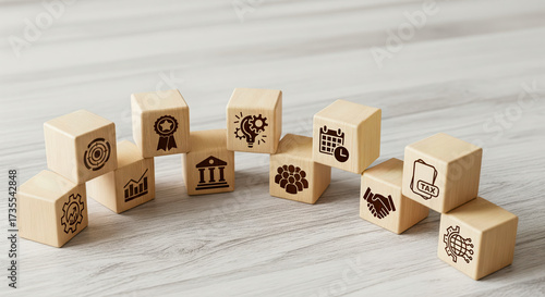Fototapeta Naklejka Na Ścianę i Meble -  Business ecosystem concept with wood cube and icon for corporate governance. Company management structure including strategy, finance, teamwork, goal and development on desk