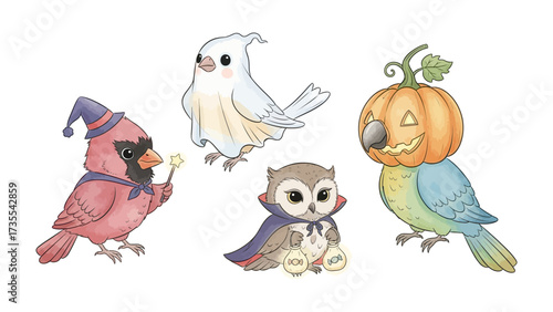Halloween Avian Ensemble: A whimsical illustration of various birds adorned in Halloween costumes, conjuring an air of playful spookiness and delight for the holiday season.