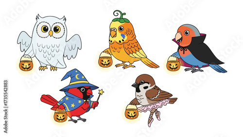 Halloween Birds: Adorable illustrations of various bird species dressed up for Halloween, each carrying a festive pumpkin lantern. The image showcases a sense of whimsy and holiday cheer.