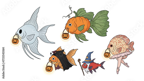 Halloween Fish Parade: A whimsical Halloween scene showcasing a playful parade of fish, each donned in unique, creative costumes and carrying their own festive treat bags.