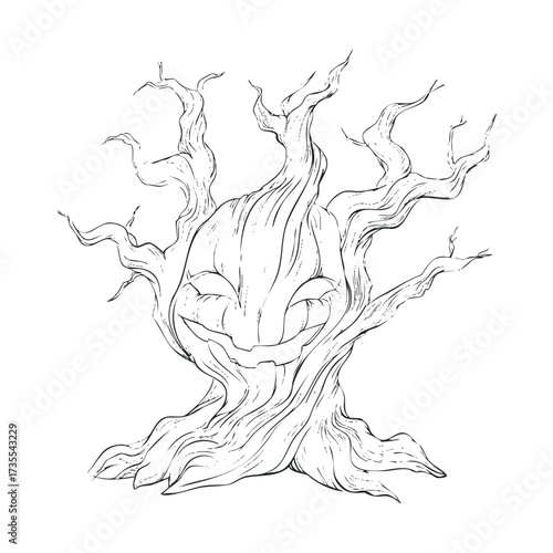 Pumpkin faced mystical tree perfect for Halloween decor. Vector hand drawn illustration