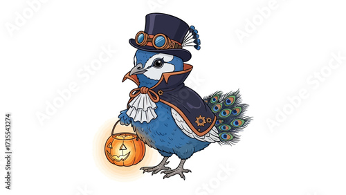 Whimsical Steampunk Peacock: A vibrant illustration presents a charming peacock, adorned in a stylish steampunk ensemble, complete with a top hat and lantern.